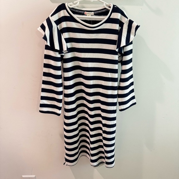 NWT J Crew Crewcuts Navy White Striped Ruffle Trim Fleece Line Dress Size 14 - Picture 1 of 5
